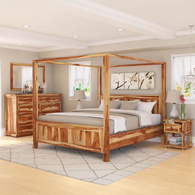 Rustic Solid Wood Canopy Bed Set with High Contrast Variegated Grain