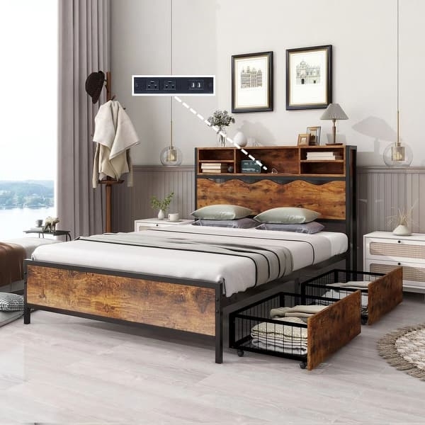 Rustic Storage Bed with Bookcase Headboard and USB Charging Ports