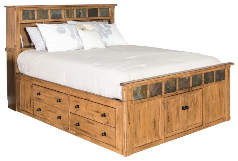 Rustic Storage Bed Wood Bookcase Headboard Slate Tile Inlay Craftsman
