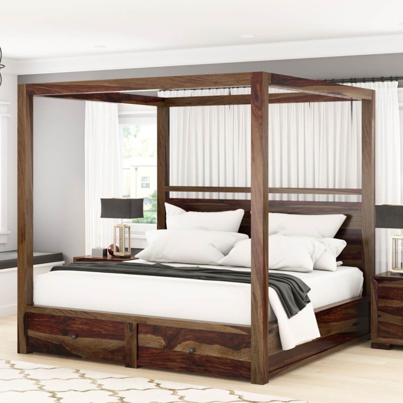 Rustic Storage Canopy Bed with Prominent Wood Grain and Drawers