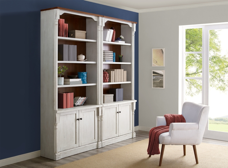 Rustic Whitewashed Bookcase with Dark Wood Interior, 8-Foot Tall
