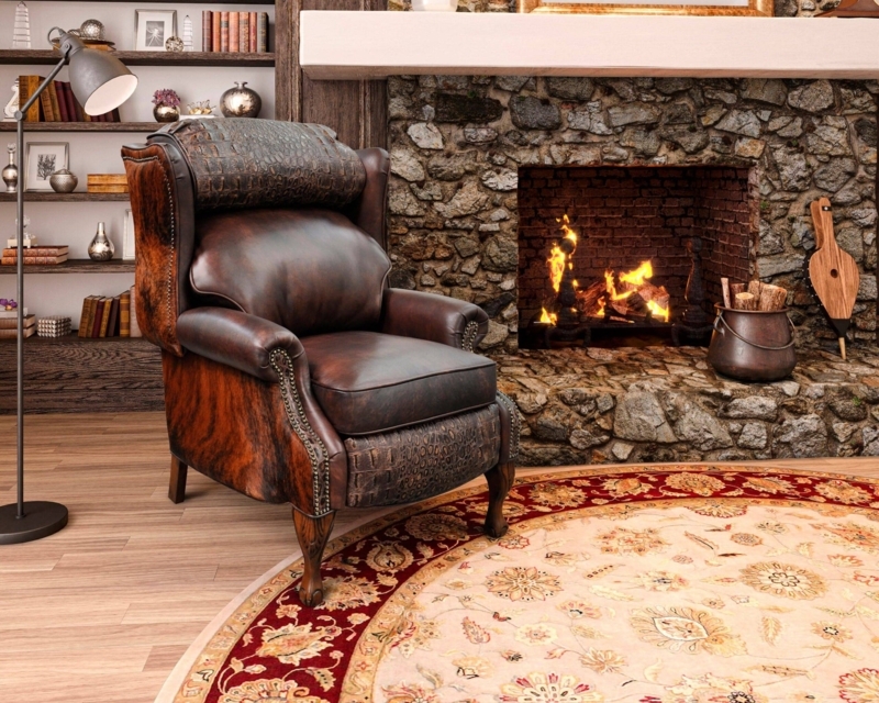 Rustic Wingback Recliner with Crocodile Embossed Leather Texture