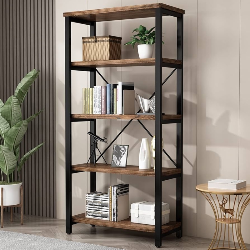 Rustic Wood and Metal Shelving Unit with Matte Black X-Frame