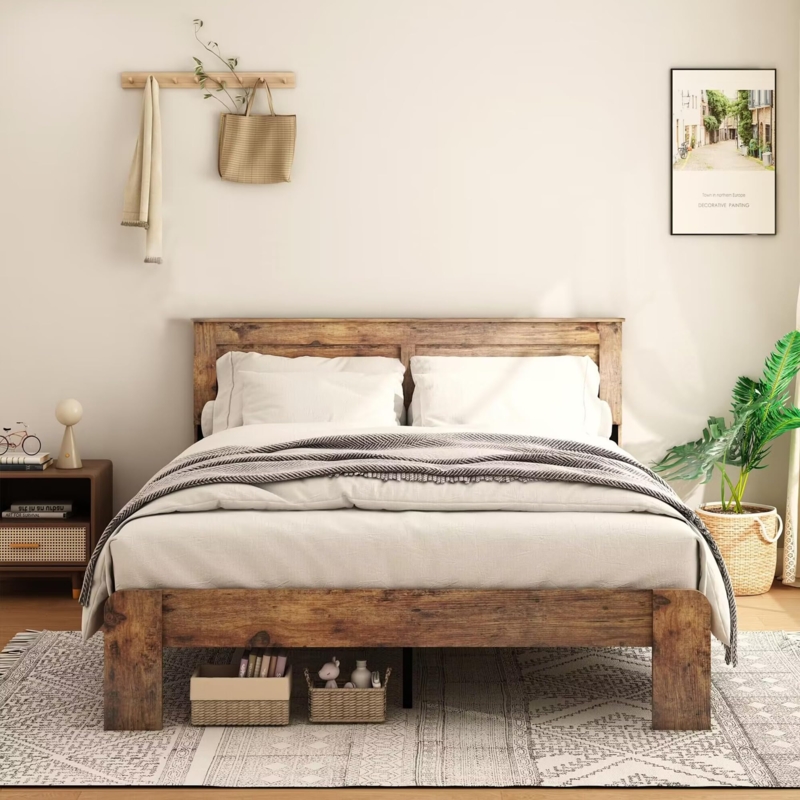 Rustic Wood Bed Frame with Platform Design and Slat Support System
