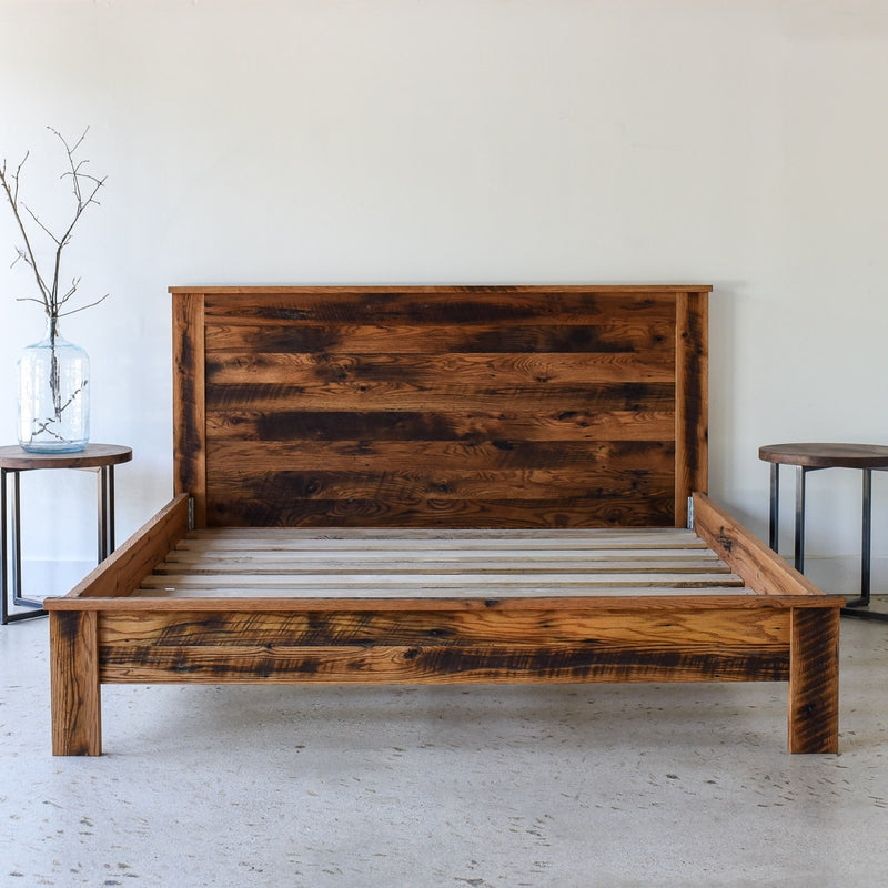 Rustic Wood Bed with Reclaimed Timber Headboard and Saw Marks