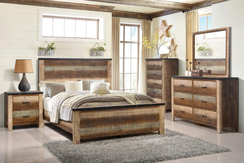 Rustic Wood Bedroom Set with Multi Tone Planks and Metal Strapping