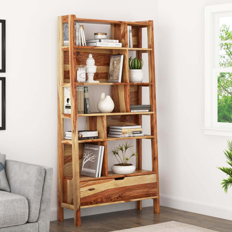 Rustic Wood Bookshelf with Drawer Asymmetrical Shelving Display