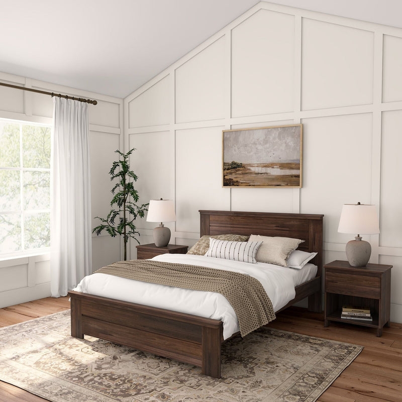 Rustic Wood Panel Bed Farmhouse Platform Frame Dark Brown Finish