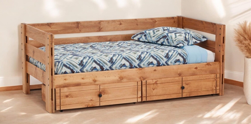 Rustic Wood Plank Daybed with Two Underbed Storage Drawers