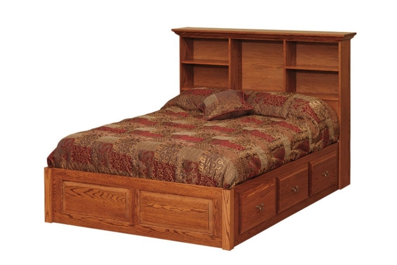 Rustic Wood Storage Bed with 3-Drawer Side & Bookcase Headboard