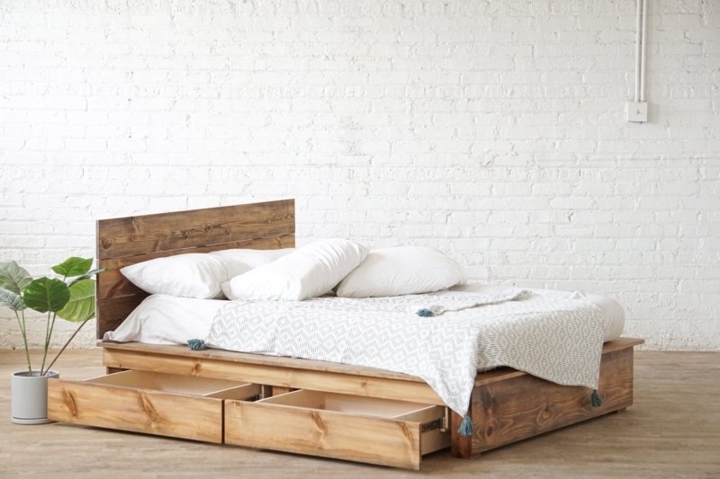 Rustic Wood Storage Bed with Plank Headboard and Low Profile Drawers