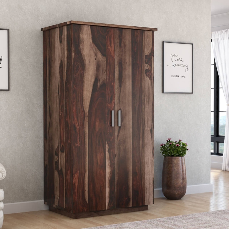 Rustic Wood Wardrobe featuring Pronounced Grain, Silver Handles.