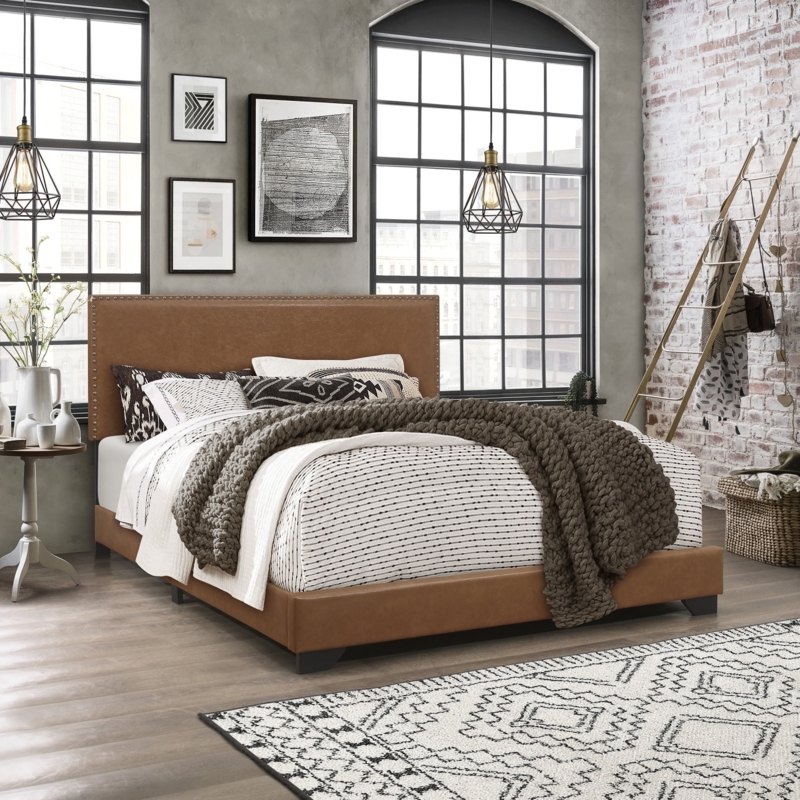 Saddle Brown Leather-Like Bed with Nailhead Trim, Industrial Style
