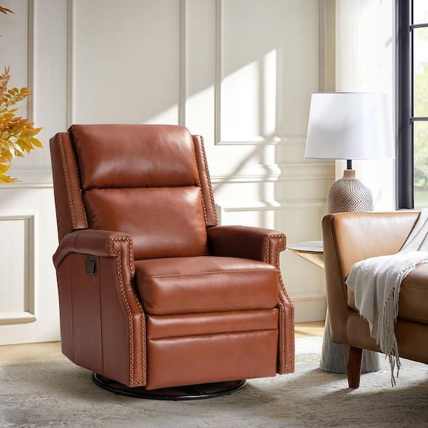 Saddle Brown Leather Recliner, Swivel Rocker with Nailhead Trim