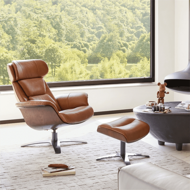 Saddle Brown Swivel Recliner Set With Wood Veneer Shells