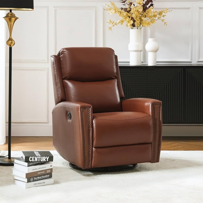 Saddle Brown Swivel Rocker Recliner with Nailhead Trim