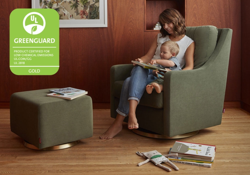 Sage Green Glider Chair with Gold-Toned Base and Matching Ottoman