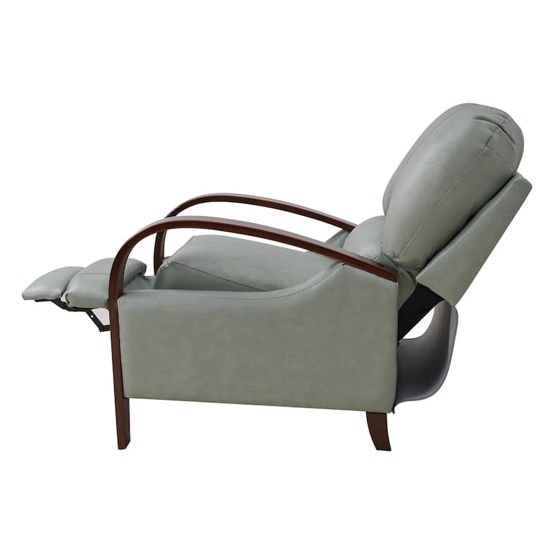 Sage Green Leather-Like Recliner with Curved Wood Arms and Wood Frame