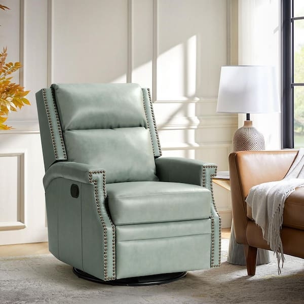 Sage Green Leather Swivel Rocker Recliner, Silver Nailhead Trim