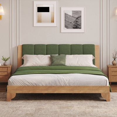 Sage Green Platform Bed with Channeled Upholstery & Wood Frame
