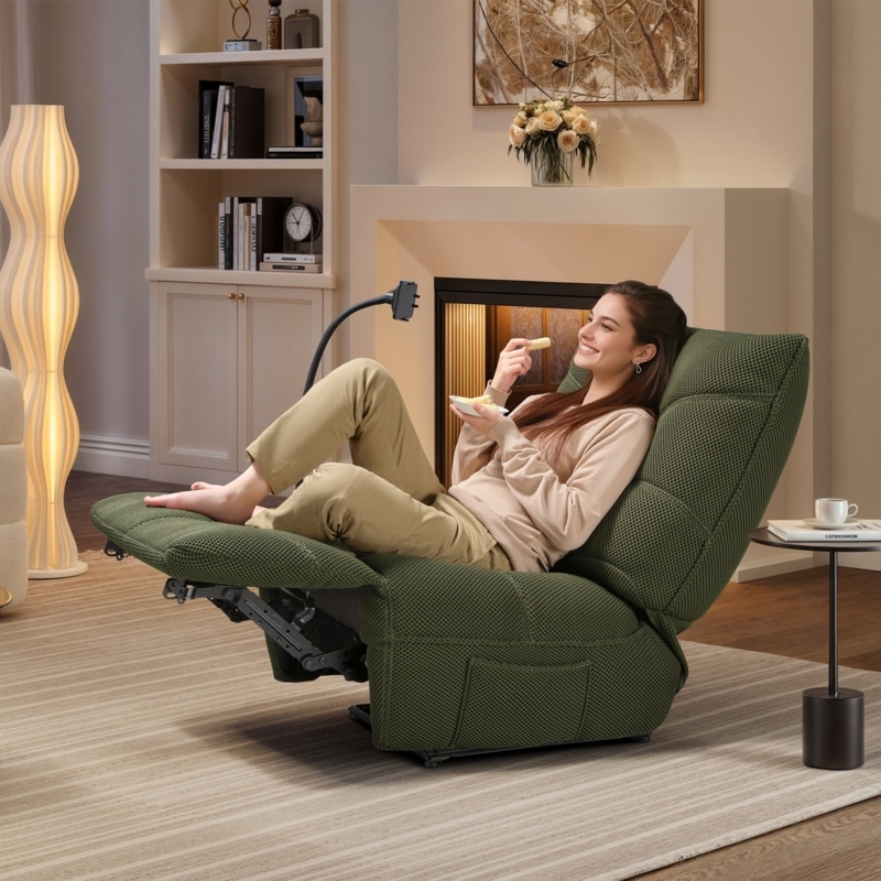 Sage Green Power Recliner with Textured Fabric and Integrated Tablet Mount