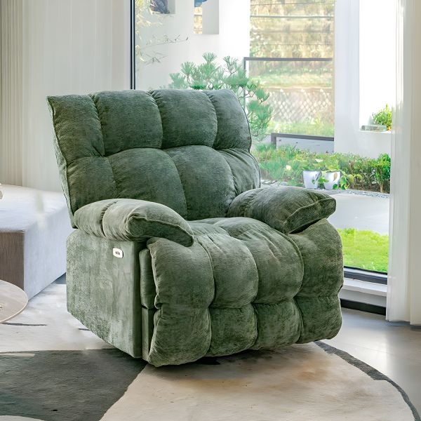 Sage Green Ribbed Fabric Power Recliner with Segmented Tufting
