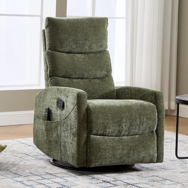 Sage Green Ribbed Fabric Swivel Rocker Recliner with Side Pocket