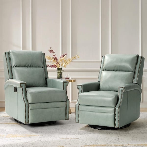 Sage Green Swivel Rocker Recliner with Nailhead Trim and Track Arms