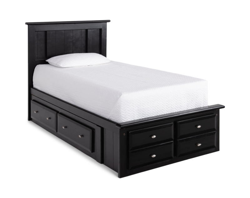 Satin Black Storage Bed with Paneled Headboard and Footboard Drawers