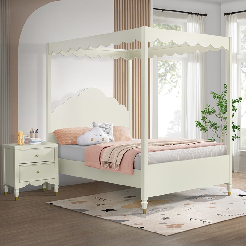 Scalloped Canopy Bed with Cloud Shaped Headboard, Off-White Finish
