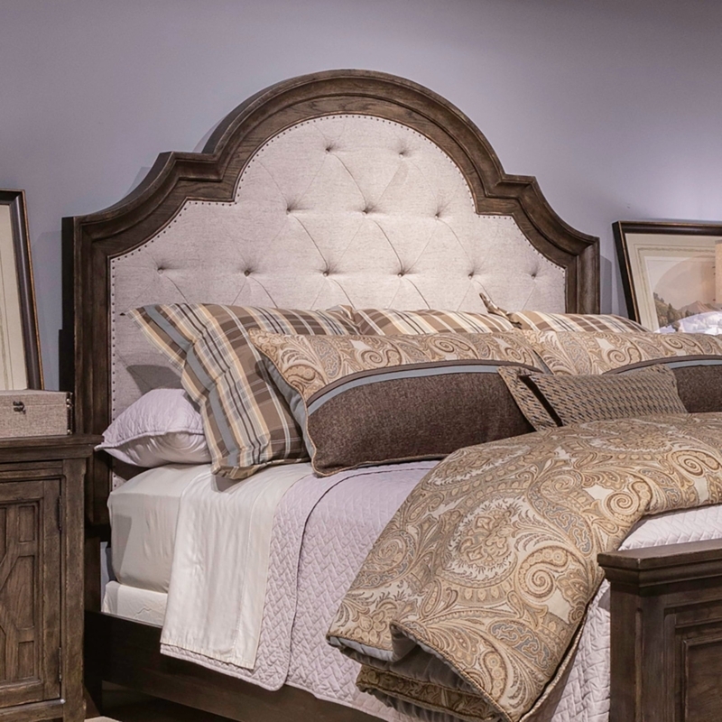 Scalloped Headboard Bed, Button Tufted, Dark Brown Wood Frame