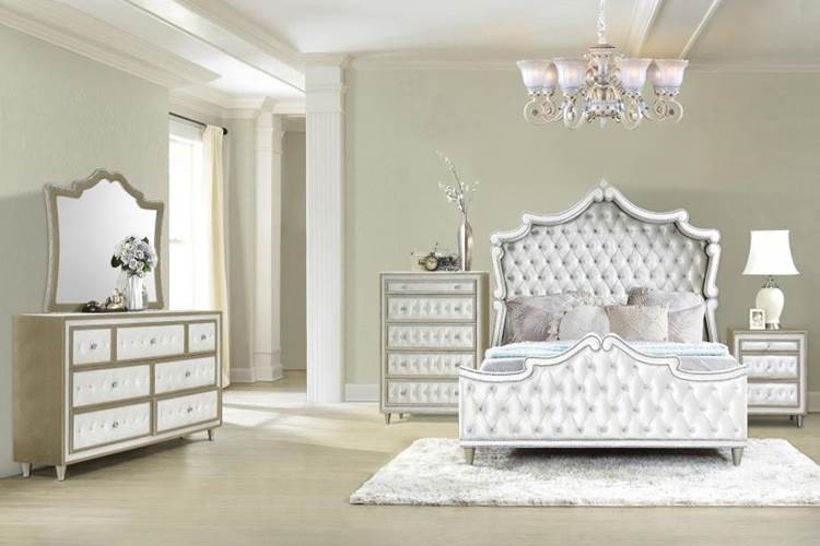 Scalloped Headboard Bed with Camel Toned Frames and Button Tufting