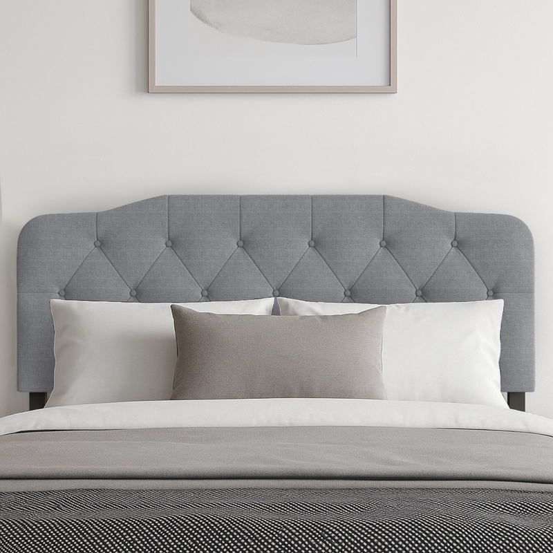 Scalloped Headboard Diamond Tufting Linen Look Gray