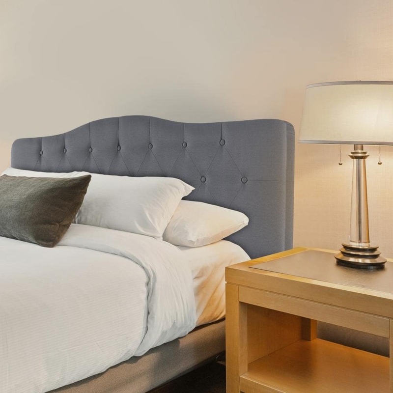 Scalloped Headboard Light Gray Linen Button Tufting Transitional Style