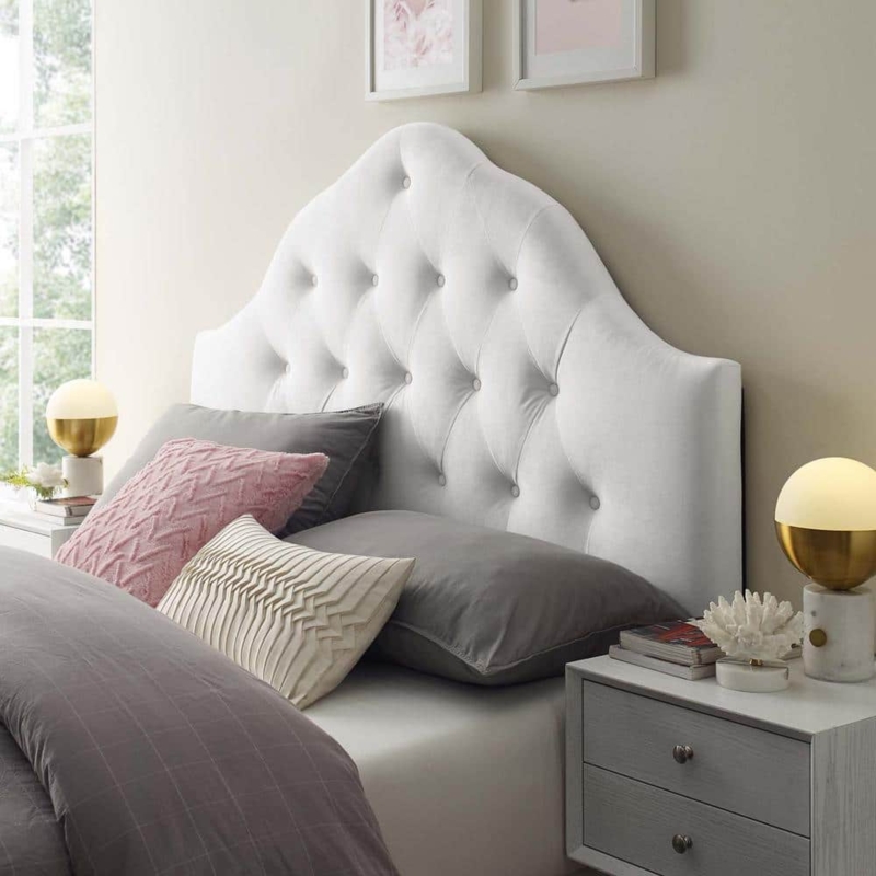 Scalloped Headboard White Velvet Diamond Tufted Glam