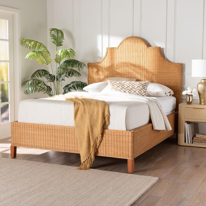 Scalloped Rattan Bed Frame, Natural Coastal Boho Style