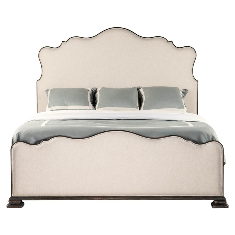 Scalloped Upholstered Bed Black Wood Frame Beige Fabric