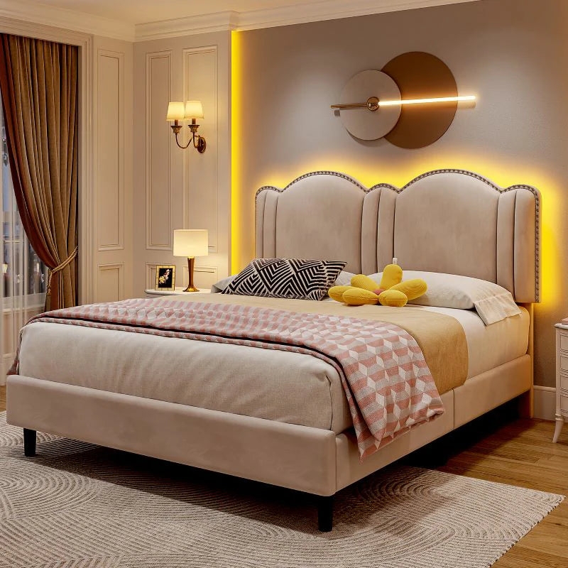 Scalloped Upholstered Bed with Backlit LED Headboard, Beige Velvet