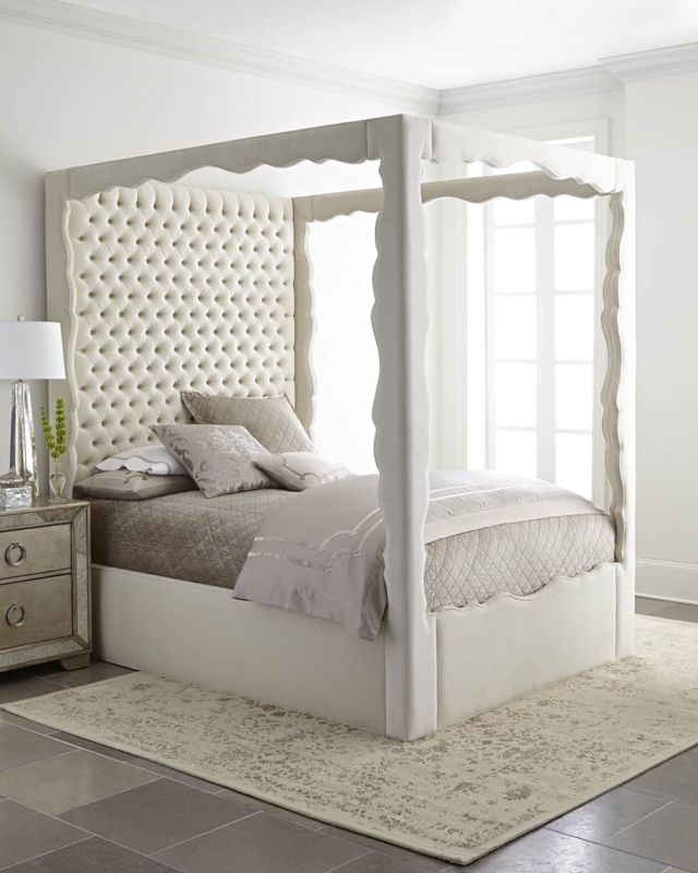 Scalloped Upholstered Canopy Bed with Tall Tufted Headboard