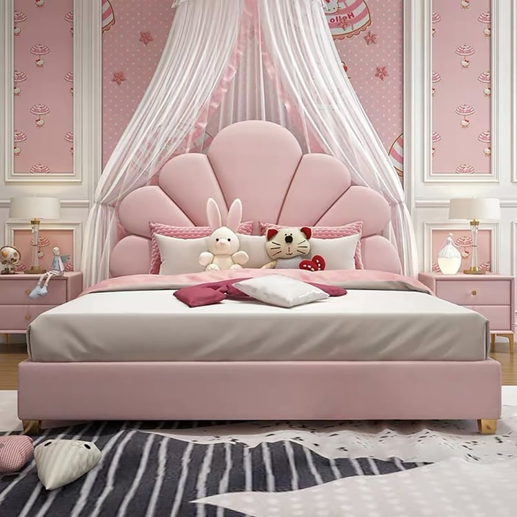 Scalloped Upholstered Headboard Bed with Gold Tapered Legs