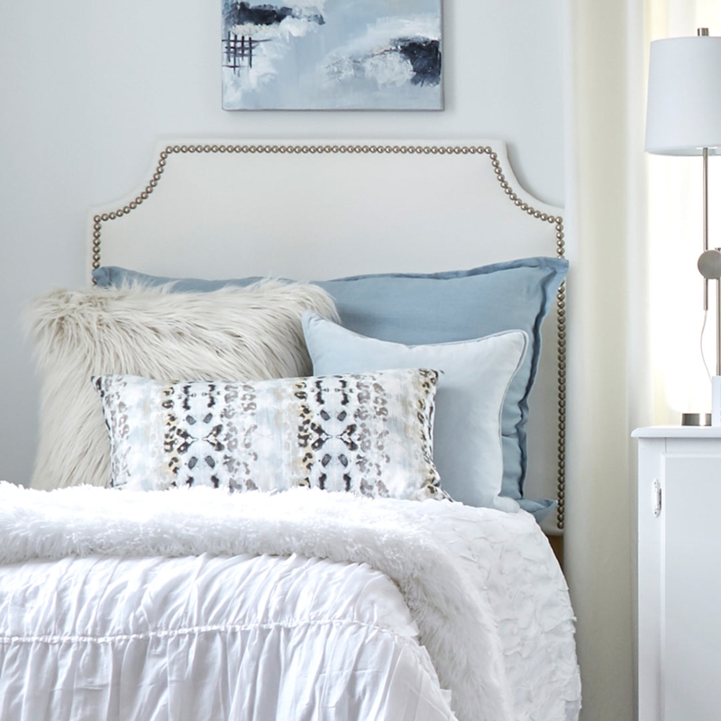 Scalloped Upholstered Headboard, White Faux Leather with Silver Nailhead