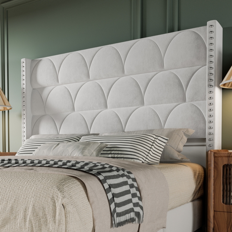 Scalloped Wingback Headboard White Velvet-like Fabric with Nailhead Trim