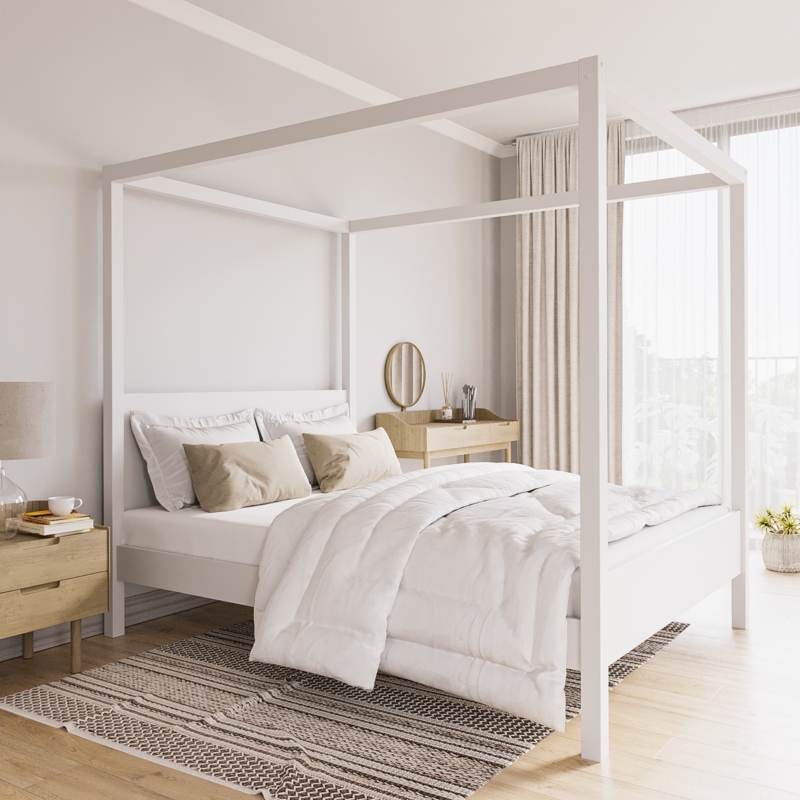 Scandi Minimalist Four Poster Bed with Squared Posts & Flat Headboard