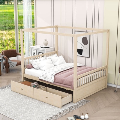 Scandinavian Light Wood Canopy Bed with Slatted Footboard Storage