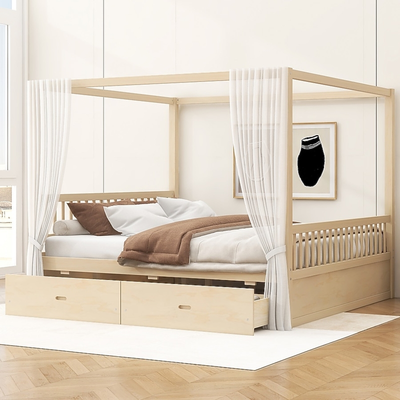 Scandinavian Natural Wood Canopy Bed with Slatted Headboard