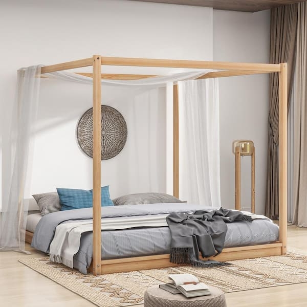 Scandinavian Natural Wood Canopy Platform Bed with Slatted Headboard