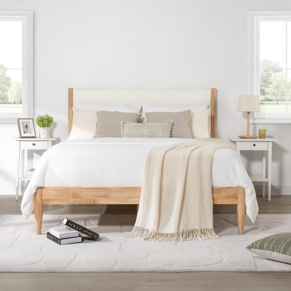 Scandinavian Platform Bed Light Wood Frame Cream Upholstery