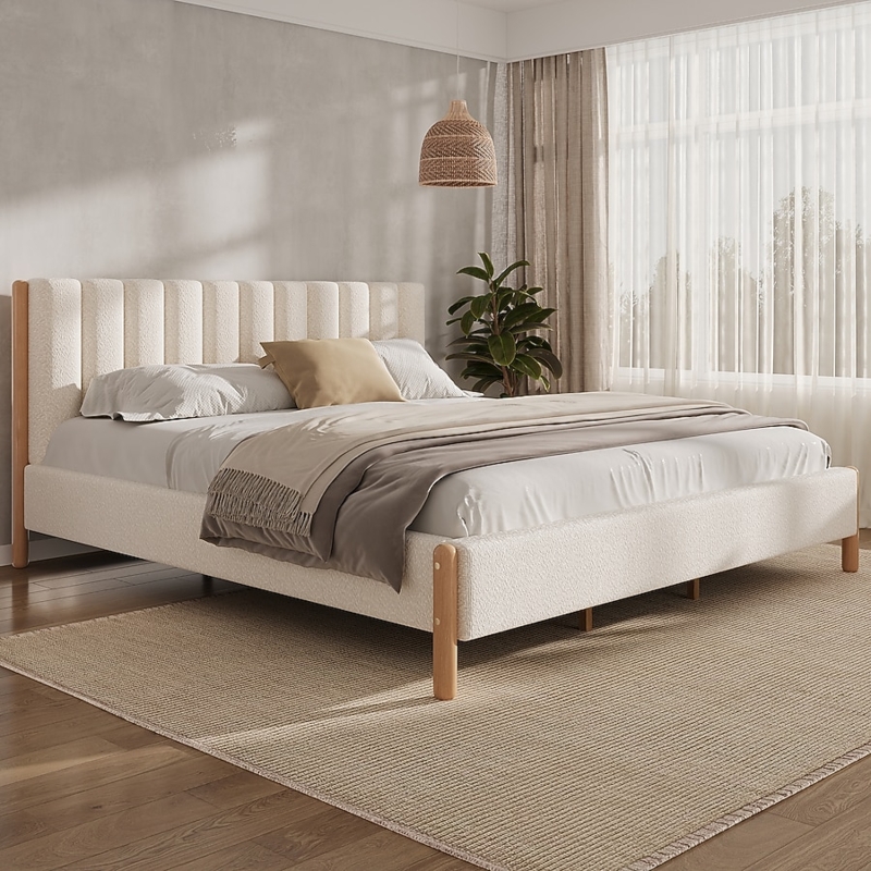 Scandinavian Platform Bed White Boucle Upholstery Wood Legs