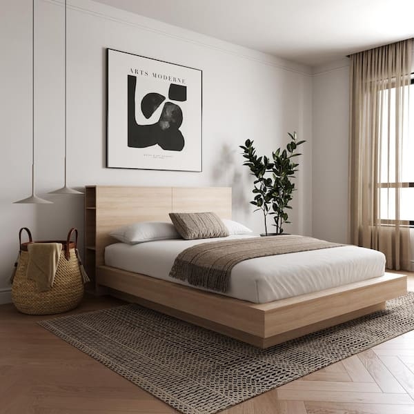 Scandinavian Platform Bed with Storage Headboard & Shelving