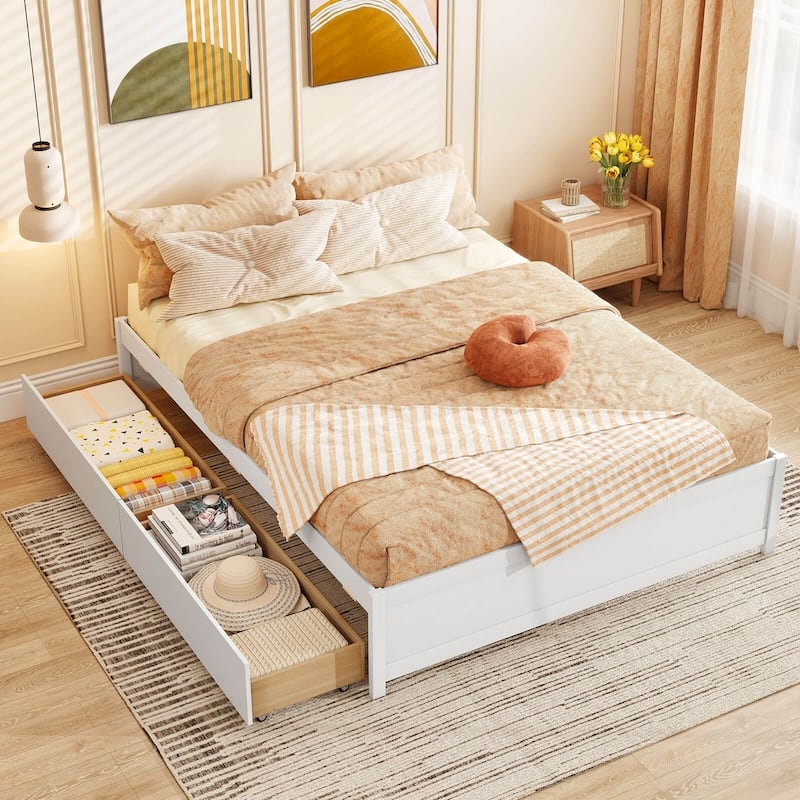 Scandinavian White Platform Bed with Rolling Under-Bed Storage Drawers